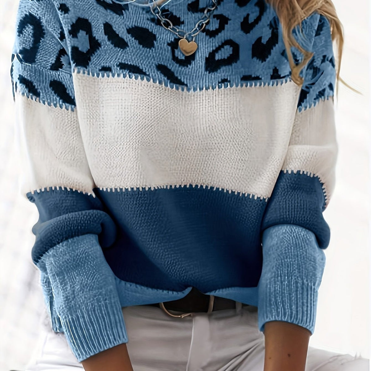 Pull Femme Automne Hiver Imprimé Léopard Color Block Épaules Dénudées Manches Longues Ample Élégant Décontracté — 11
