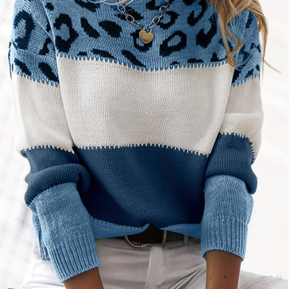 Pull Femme Automne Hiver Imprimé Léopard Color Block Épaules Dénudées Manches Longues Ample Élégant Décontracté — 11