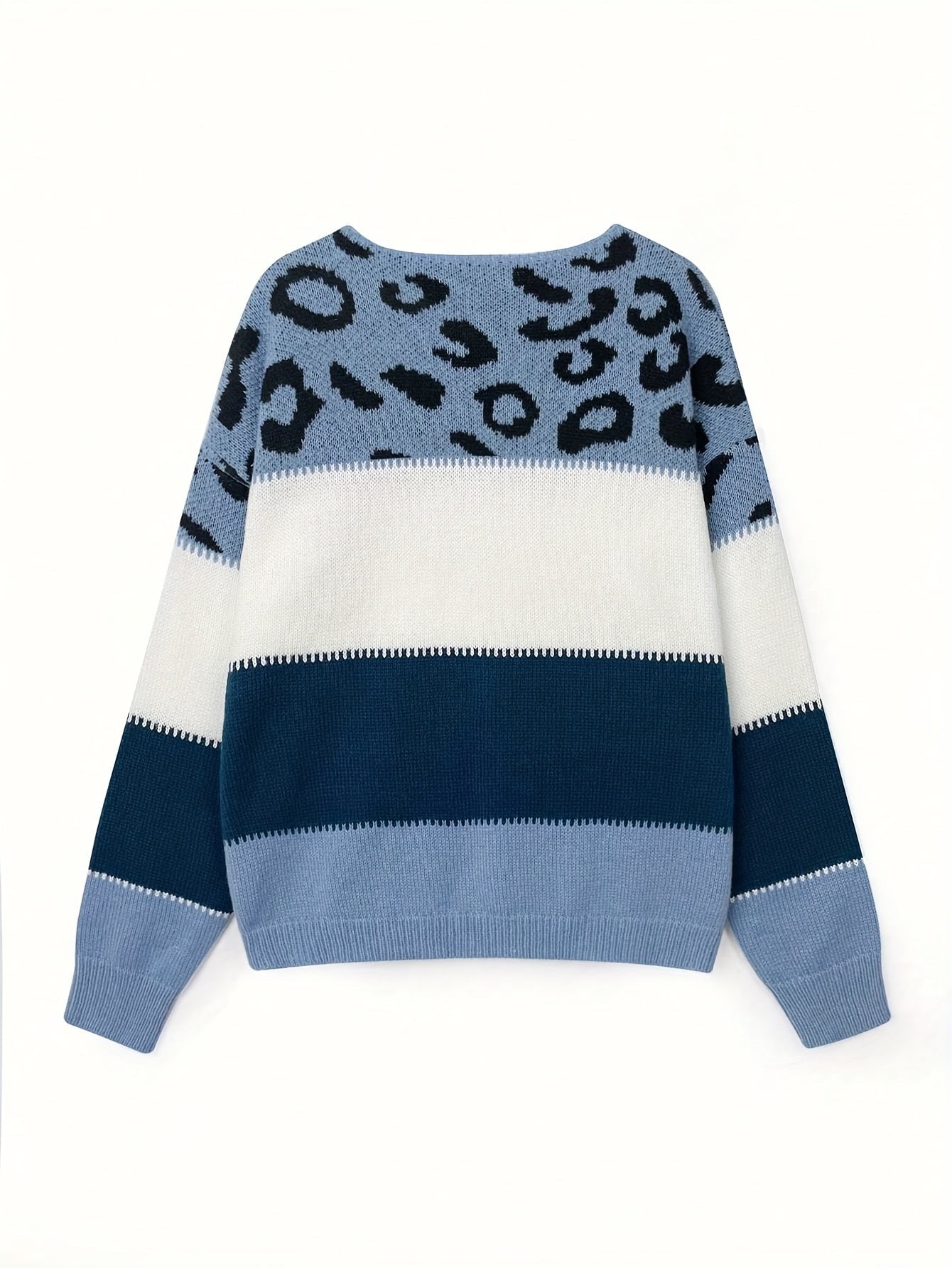 Pull Femme Automne Hiver Imprimé Léopard Color Block Épaules Dénudées Manches Longues Ample Élégant Décontracté — 7