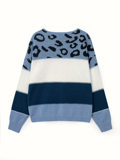 Pull Femme Automne Hiver Imprimé Léopard Color Block Épaules Dénudées Manches Longues Ample Élégant Décontracté — 7