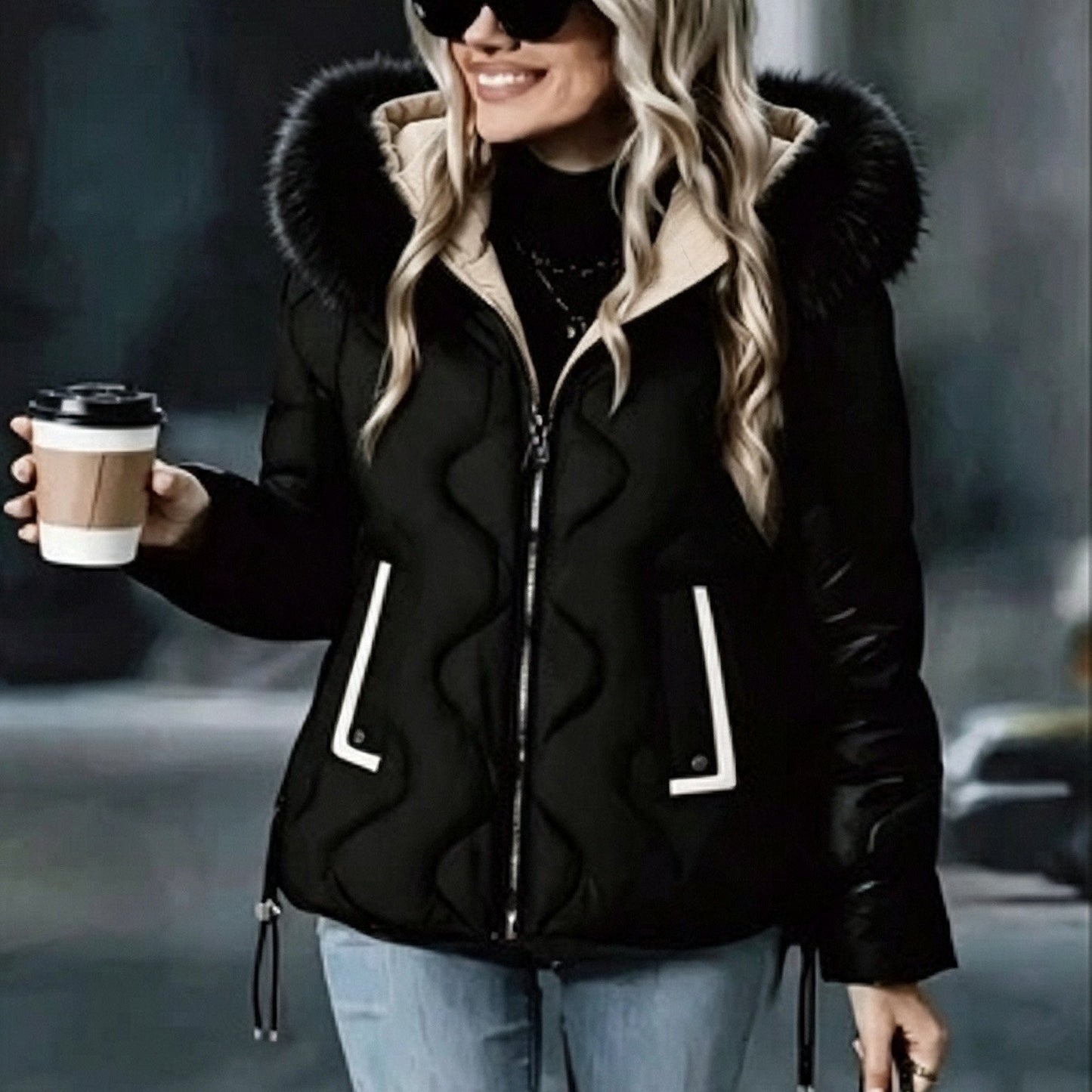 Veste matelassée ondulée, nouveau style automne-hiver, manteau chaud à col surdimensionné, haut décontracté pour femmes avec poche color-block, col amovible et rembourrage isolant matelassé, facile pour l'hiver à -10°C, coupe-vent et rétention de chaleur, — 11
