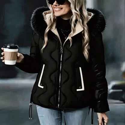 Veste matelassée ondulée, nouveau style automne-hiver, manteau chaud à col surdimensionné, haut décontracté pour femmes avec poche color-block, col amovible et rembourrage isolant matelassé, facile pour l'hiver à -10°C, coupe-vent et rétention de chaleur, — 11