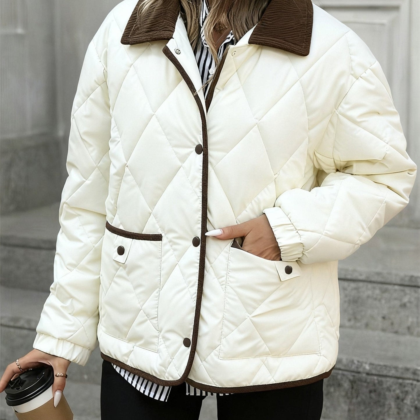 Haut tendance à motif losange pour femme, manteau court matelassé à un seul boutonnage et à col en patchwork pour femme, nouvelle arrivée hiver 2024, liant et ruban de liant, couleur contrastée, vêtement d'extérieur adapté aux petites tailles, manteau mat — 15
