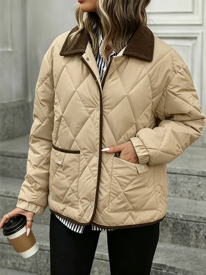 Haut tendance à motif losange pour femme, manteau court matelassé à un seul boutonnage et à col en patchwork pour femme, nouvelle arrivée hiver 2024, liant et ruban de liant, couleur contrastée, vêtement d'extérieur adapté aux petites tailles, manteau mat — 8