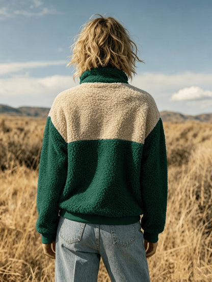 YYTT Automne Hiver Nouvelle Mode Femme Décontractée Color-Block Demi-Boutonnée Peluche Polyvalente Sweat à Manches Courtes pour Trajet/Vacances/Fête/Nouvel An/Noël — 8