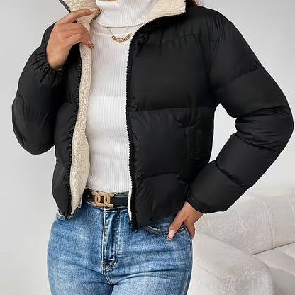 Veste d'automne-hiver pour femmes, nouvelle collection, col montant noir, courte, doublée en polaire, zippée, mode, coupe pain épaisse, idéale pour toutes les tenues — 6