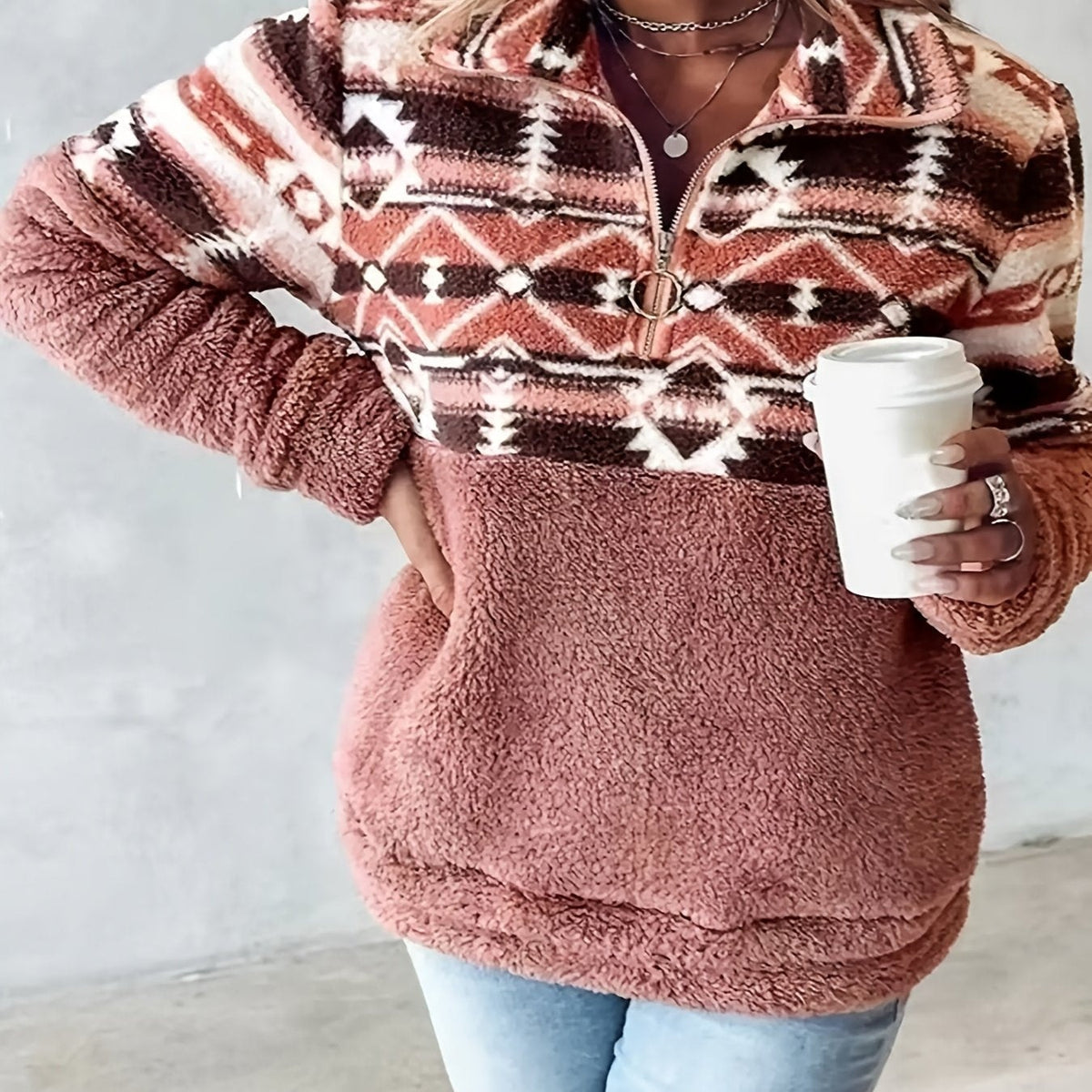 Sweat-shirt Teddy à demi-fermeture éclair à motif géométrique, sweat-shirt décontracté à manches longues pour l'automne et l'hiver, vêtements pour femmes — 11