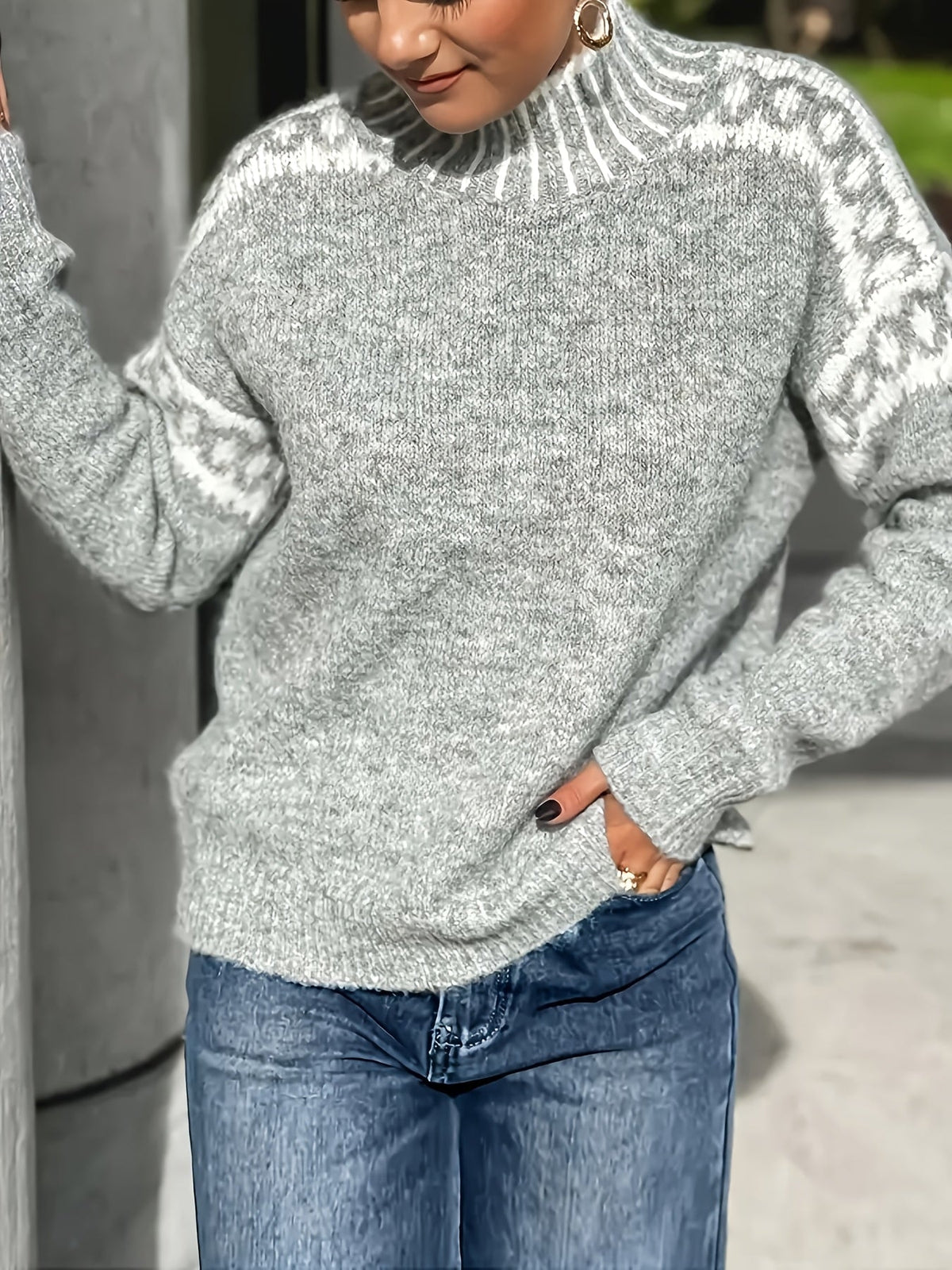 Plein d'ambiance ! Nouveau pull gris demi-col roulé de printemps/automne avec motif jacquard, doux et sophistiqué — 5