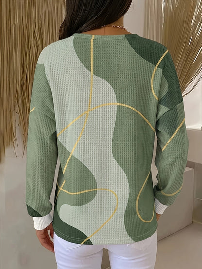 Sweat à manches longues pour femme, motif géométrique tendance style urbain, col rond, coupe régulière, haut décontracté pour tous les jours, style printemps automne hiver — 2