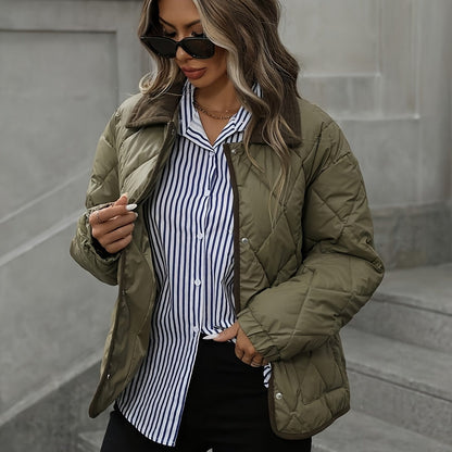 Haut tendance à motif losange pour femme, manteau court matelassé à un seul boutonnage et à col en patchwork pour femme, nouvelle arrivée hiver 2024, liant et ruban de liant, couleur contrastée, vêtement d'extérieur adapté aux petites tailles, manteau mat — 14