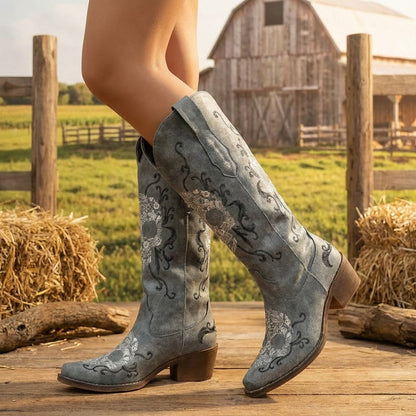 Bottes de cowboy pour femmes, grises, brodées de fleurs, bottes rétro western à talon carré mi-mollet, bottes tendance pour festival de musique, chaussures pour femmes — 8