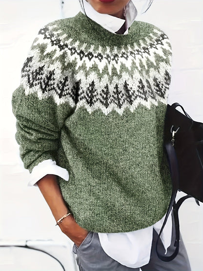 Pull à manches longues pour femme, à la mode, en jacquard à blocs de couleur — 1