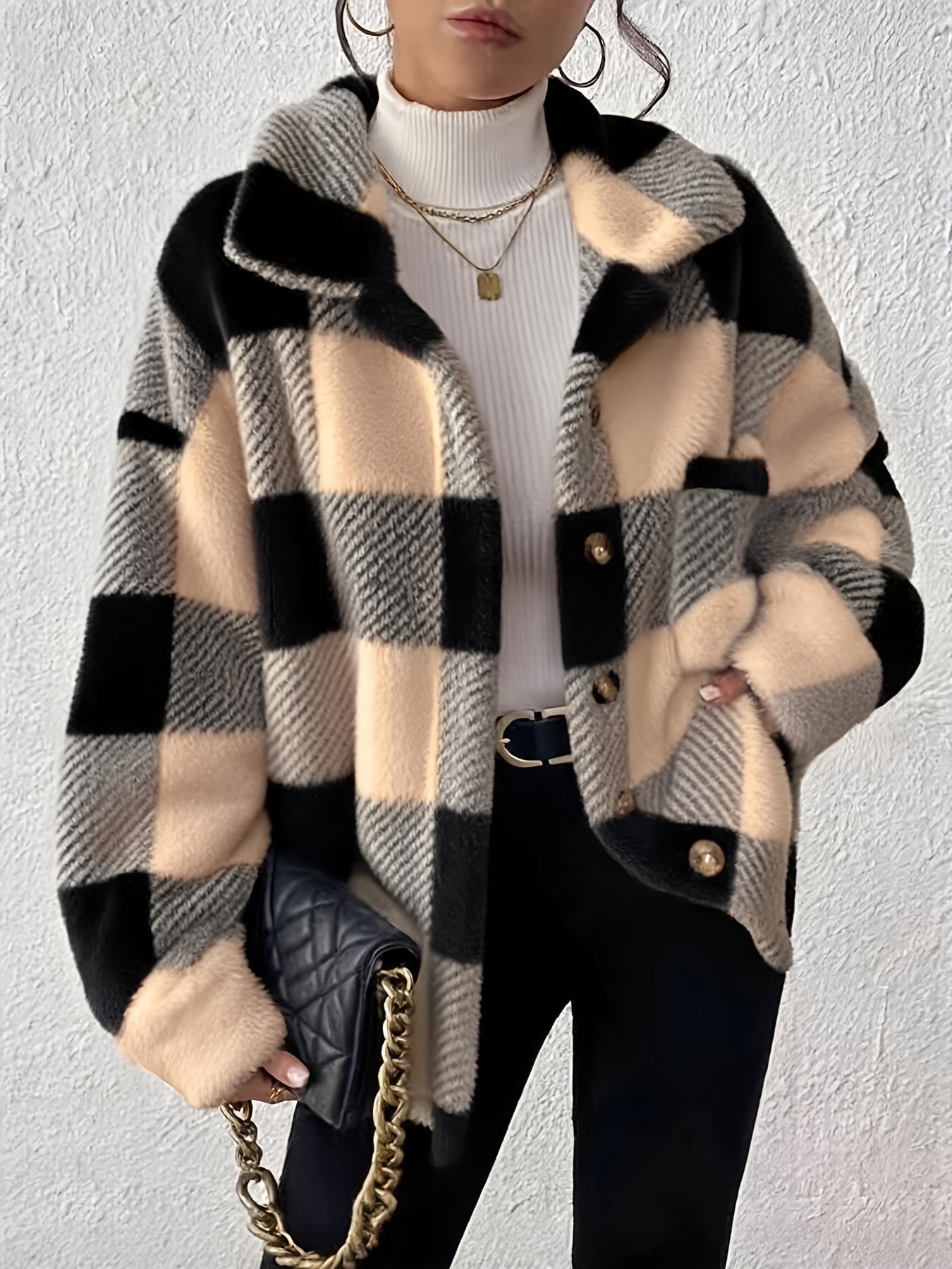 Veste élégante décontractée à carreaux en peluche avec boutons, idéale pour le quotidien en automne et en hiver — 9