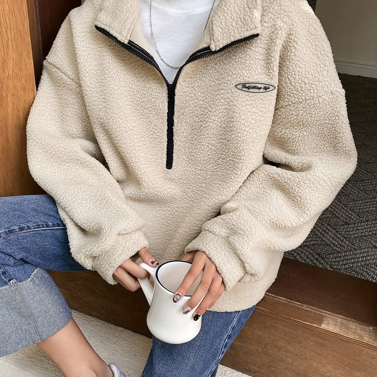 Sweat-shirt en polaire à demi-zip et épaules tombantes avec applique détaillée, le choix parfait pour l'automne et l'hiver des femmes — 11