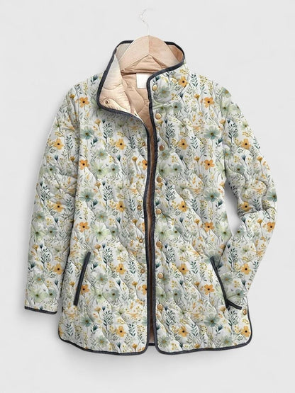 Myah | Veste Matelassée Zippée à Col Montant pour Femme - Écru Fleuri