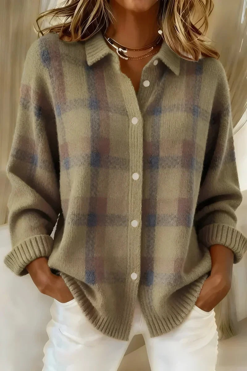 Margaux | Chemise en Maille Boutonnée à Manches Longues pour Femme - Carreaux Kaki
