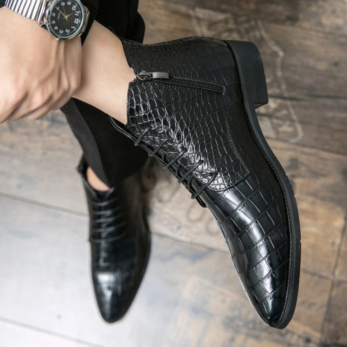 The Stromboli Men’s Crocodile Pattern Leather Ankle Boots - Black — 3