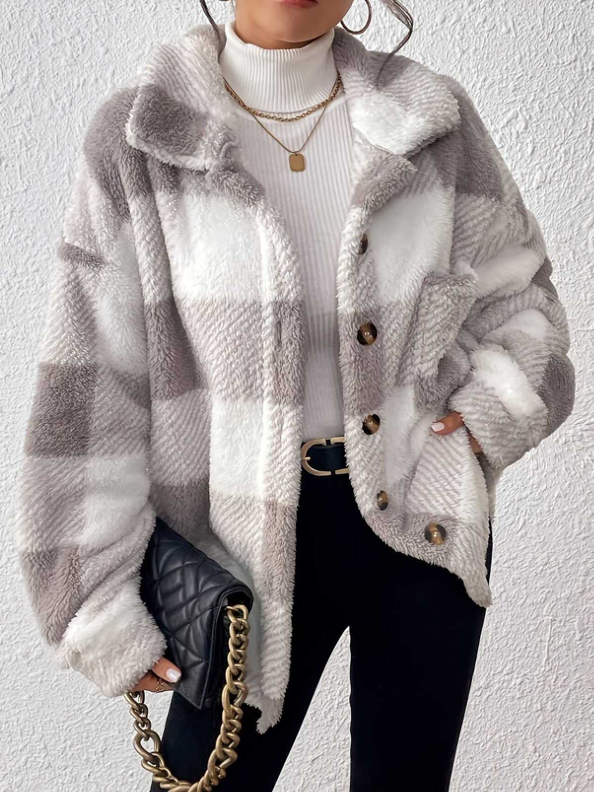 Veste élégante décontractée à carreaux en peluche avec boutons, idéale pour le quotidien en automne et en hiver — 7