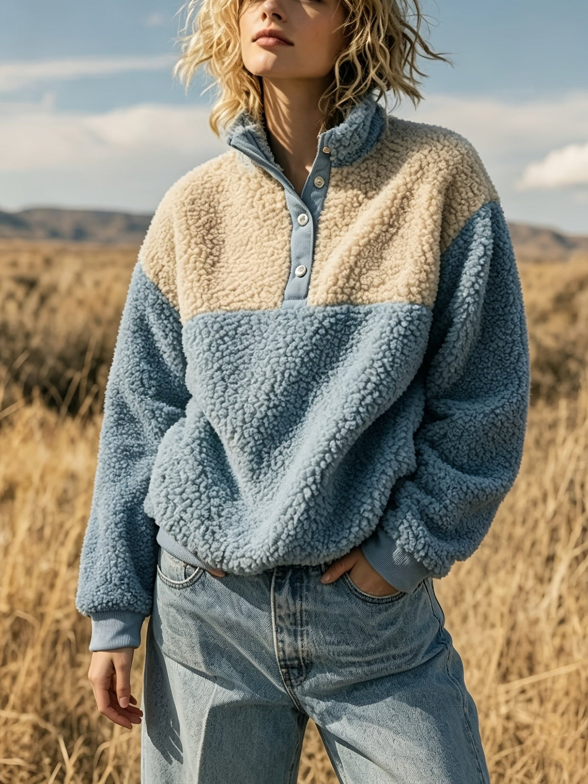 YYTT Automne Hiver Nouvelle Mode Femme Décontractée Color-Block Demi-Boutonnée Peluche Polyvalente Sweat à Manches Courtes pour Trajet/Vacances/Fête/Nouvel An/Noël — 1