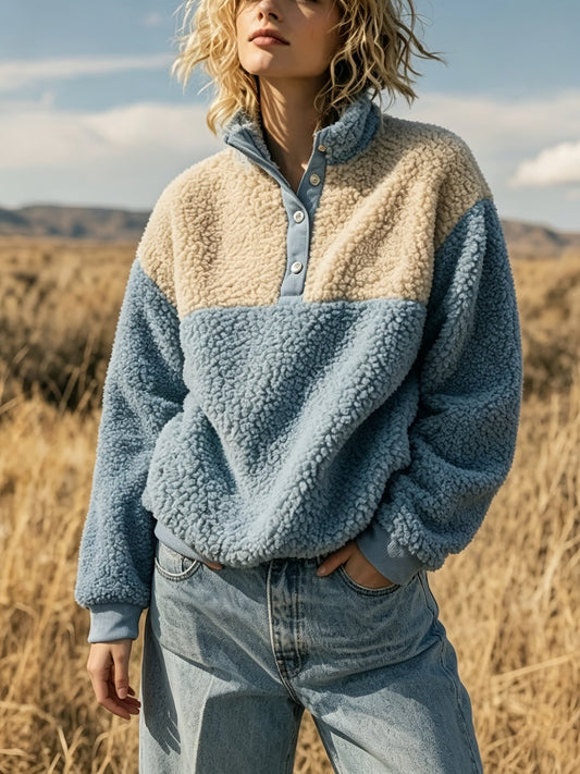 YYTT Automne Hiver Nouvelle Mode Femme Décontractée Color-Block Demi-Boutonnée Peluche Polyvalente Sweat à Manches Courtes pour Trajet/Vacances/Fête/Nouvel An/Noël — 1