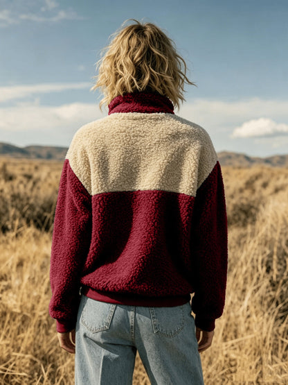 YYTT Automne Hiver Nouvelle Mode Femme Décontractée Color-Block Demi-Boutonnée Peluche Polyvalente Sweat à Manches Courtes pour Trajet/Vacances/Fête/Nouvel An/Noël — 11