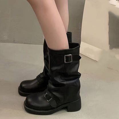 Bottes de mode noires pour femmes, nouvelles bottes à boucle, style européen et américain, talon épais et chunky, semelle épaisse, bottes western légères à pile, bottes plissées, bottes de moto rétro neuves pour femmes, chaussures pour femmes élégantes, c — 4