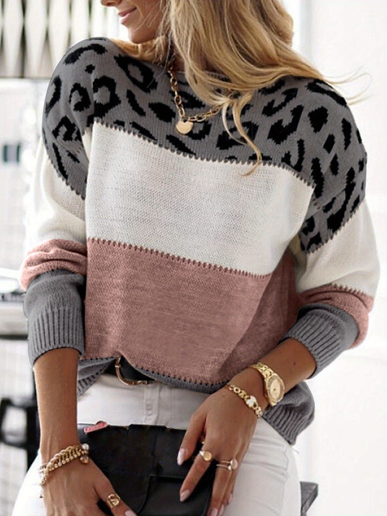 Pull Femme Automne Hiver Imprimé Léopard Color Block Épaules Dénudées Manches Longues Ample Élégant Décontracté — 10