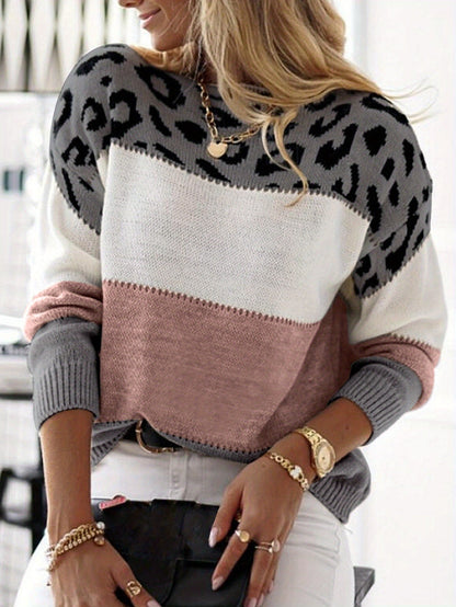 Pull Femme Automne Hiver Imprimé Léopard Color Block Épaules Dénudées Manches Longues Ample Élégant Décontracté — 10