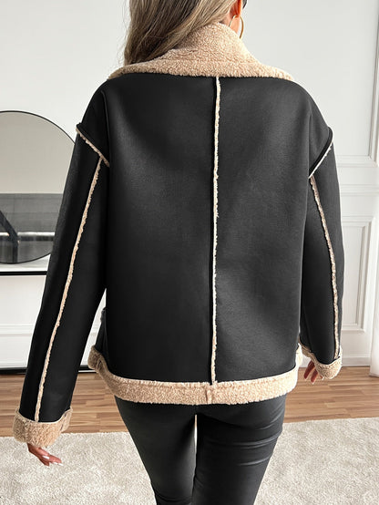 Veste de moto élégante pour femme avec doublure en fausse fourrure - Design bicolore marron et beige avec boutons dorés, poches et bretelles ajustables, parfaite pour l'automne/hiver, veste d'hiver | Tenue d'hiver élégante | Veste doublée en fausse fourru — 6