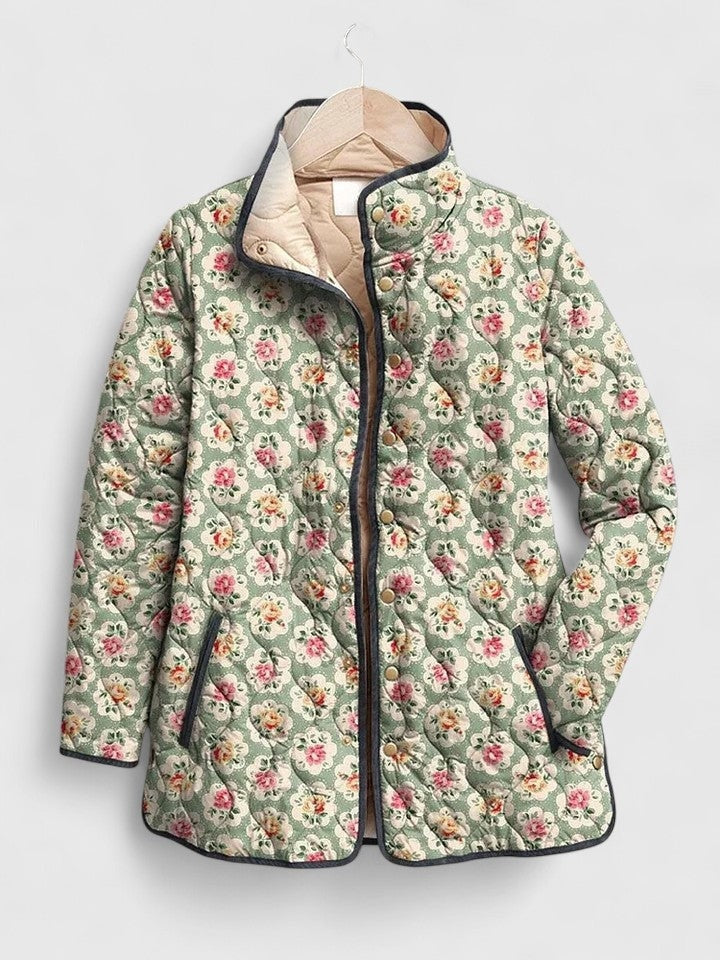 Myah | Veste Matelassée Zippée à Col Montant pour Femme - Vert Kaki Fleuri
