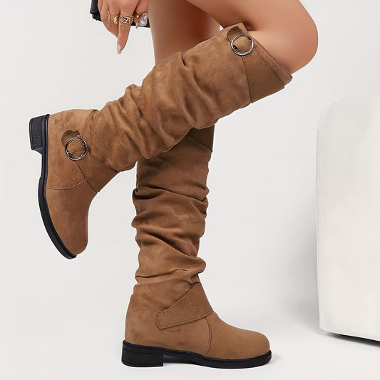 Bottes Classiques pour Femmes à Double Boucle, Design Plissé, Semelle Épaisse Confortable et Chaude, Doublure en Peluche, Souples et Polyvalentes, Chaussures pour Femmes — 1