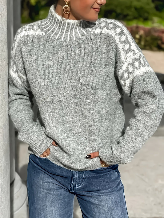 Plein d'ambiance ! Nouveau pull gris demi-col roulé de printemps/automne avec motif jacquard, doux et sophistiqué — 1