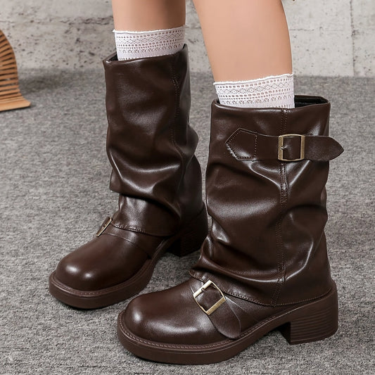 Bottes de mode noires pour femmes, nouvelles bottes à boucle, style européen et américain, talon épais et chunky, semelle épaisse, bottes western légères à pile, bottes plissées, bottes de moto rétro neuves pour femmes, chaussures pour femmes élégantes, c — 1