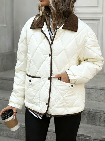 Haut tendance à motif losange pour femme, manteau court matelassé à un seul boutonnage et à col en patchwork pour femme, nouvelle arrivée hiver 2024, liant et ruban de liant, couleur contrastée, vêtement d'extérieur adapté aux petites tailles, manteau mat — 3
