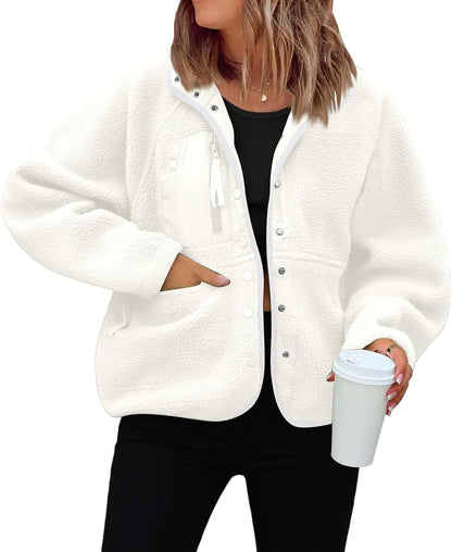 Générique Women's Fleece Jacket Thick Winter Coat Teddy Buttons Chic Warm Sherpa Jacket with Pockets Lapel Collar Long Sleeve Outwear Thick Anti-Cold Cozy — 17