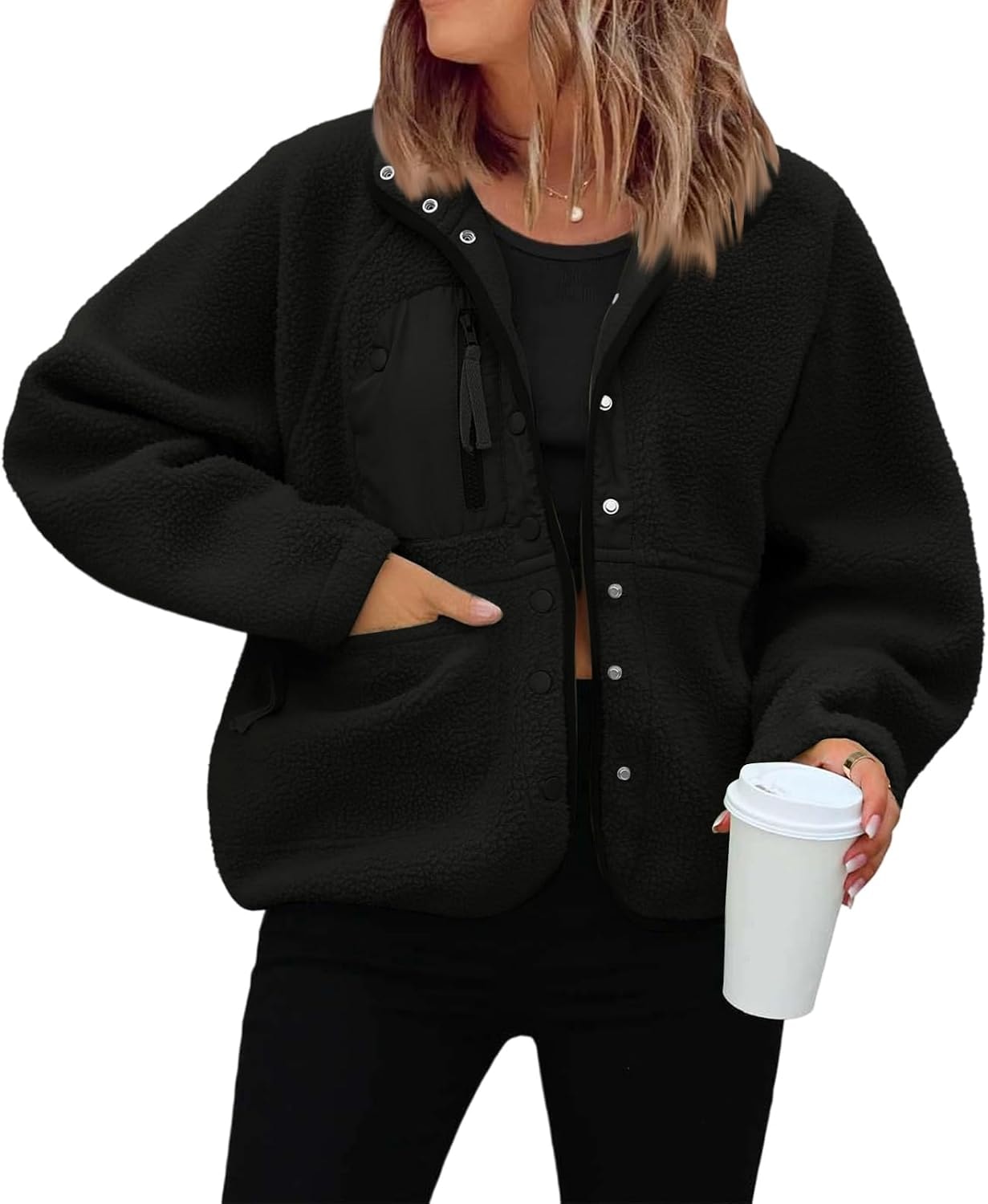 Générique Women's Fleece Jacket Thick Winter Coat Teddy Buttons Chic Warm Sherpa Jacket with Pockets Lapel Collar Long Sleeve Outwear Thick Anti-Cold Cozy — 12