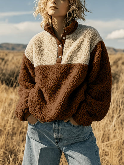 YYTT Automne Hiver Nouvelle Mode Femme Décontractée Color-Block Demi-Boutonnée Peluche Polyvalente Sweat à Manches Courtes pour Trajet/Vacances/Fête/Nouvel An/Noël — 7