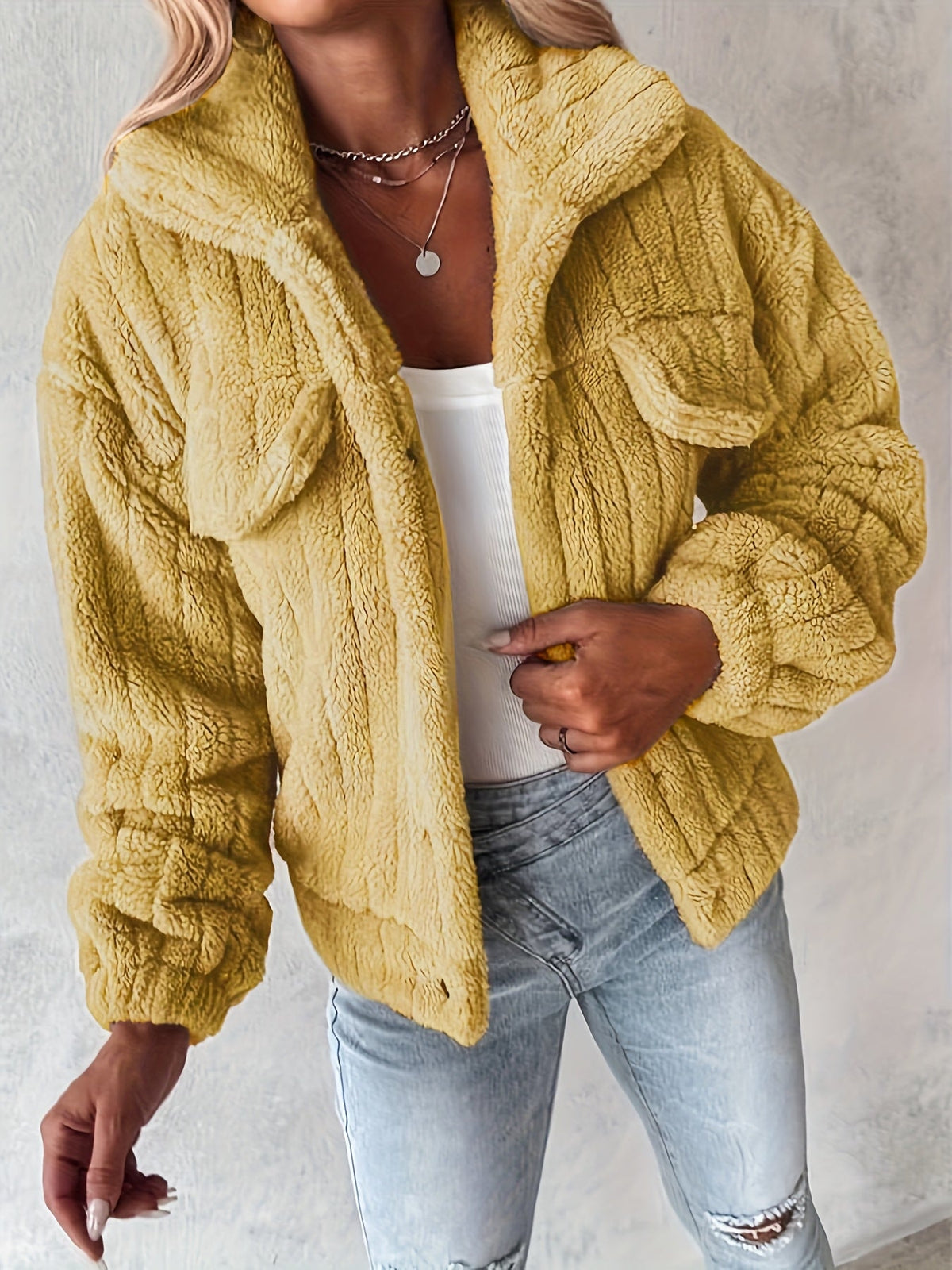 Veste décontractée à col retourné et manches longues en teddy pour femme — 2