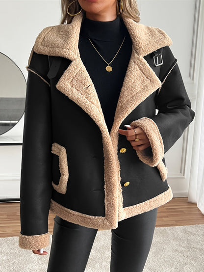 Veste de moto élégante pour femme avec doublure en fausse fourrure - Design bicolore marron et beige avec boutons dorés, poches et bretelles ajustables, parfaite pour l'automne/hiver, veste d'hiver | Tenue d'hiver élégante | Veste doublée en fausse fourru — 3