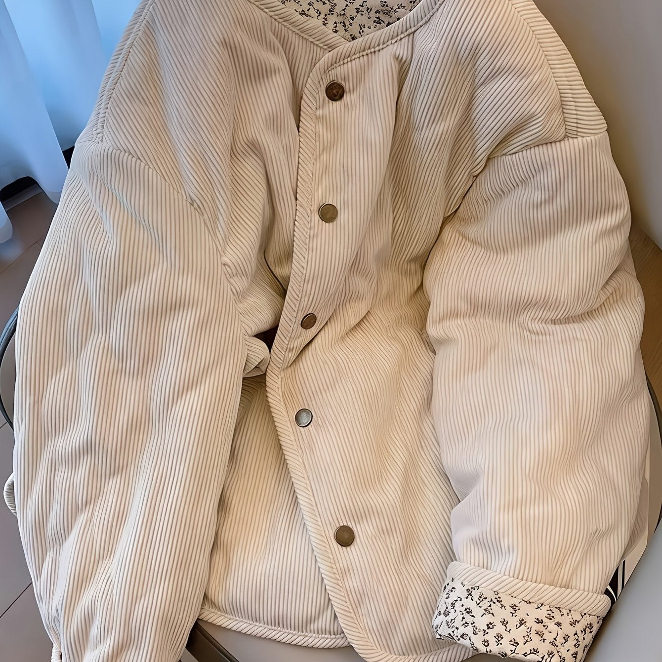 Manteau matelassé imprimé floral beige, manteau matelassé à manches longues pour automne/hiver, veste décontractée lavable en machine sans ceinture, idéal pour un usage quotidien et loisirs, manteau matelassé chaud et confortable — 6