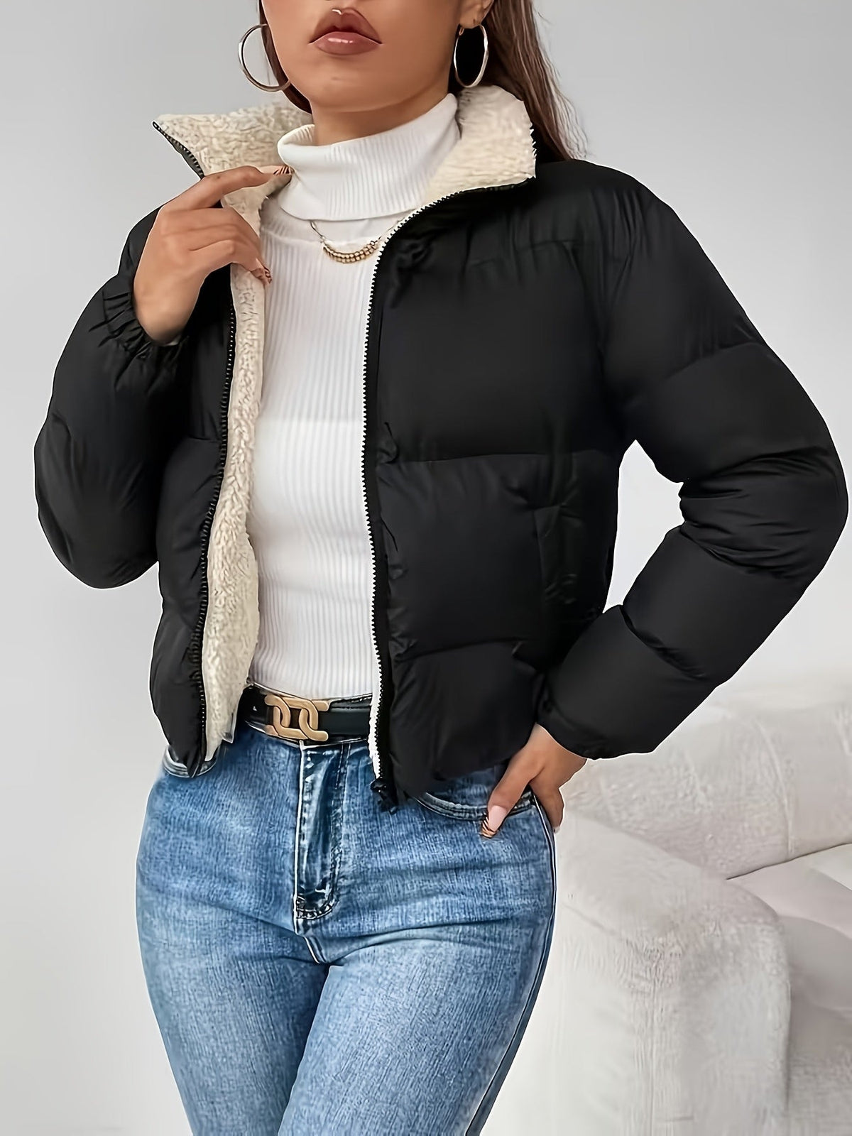 Veste d'automne-hiver pour femmes, nouvelle collection, col montant noir, courte, doublée en polaire, zippée, mode, coupe pain épaisse, idéale pour toutes les tenues — 1