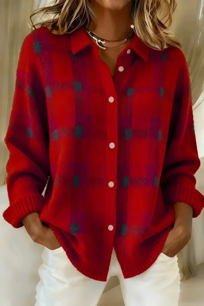 Margaux | Chemise en Maille Boutonnée à Manches Longues pour Femme - Carreaux Rouge