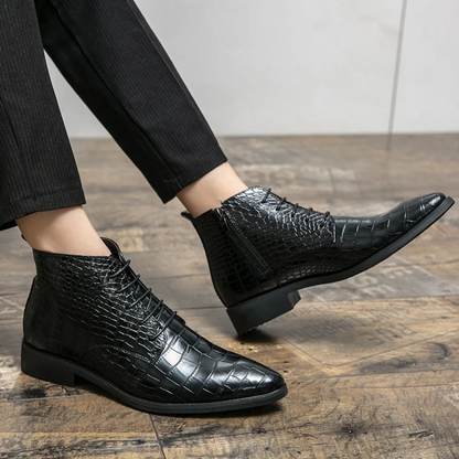 The Stromboli Men’s Crocodile Pattern Leather Ankle Boots - Black — 5