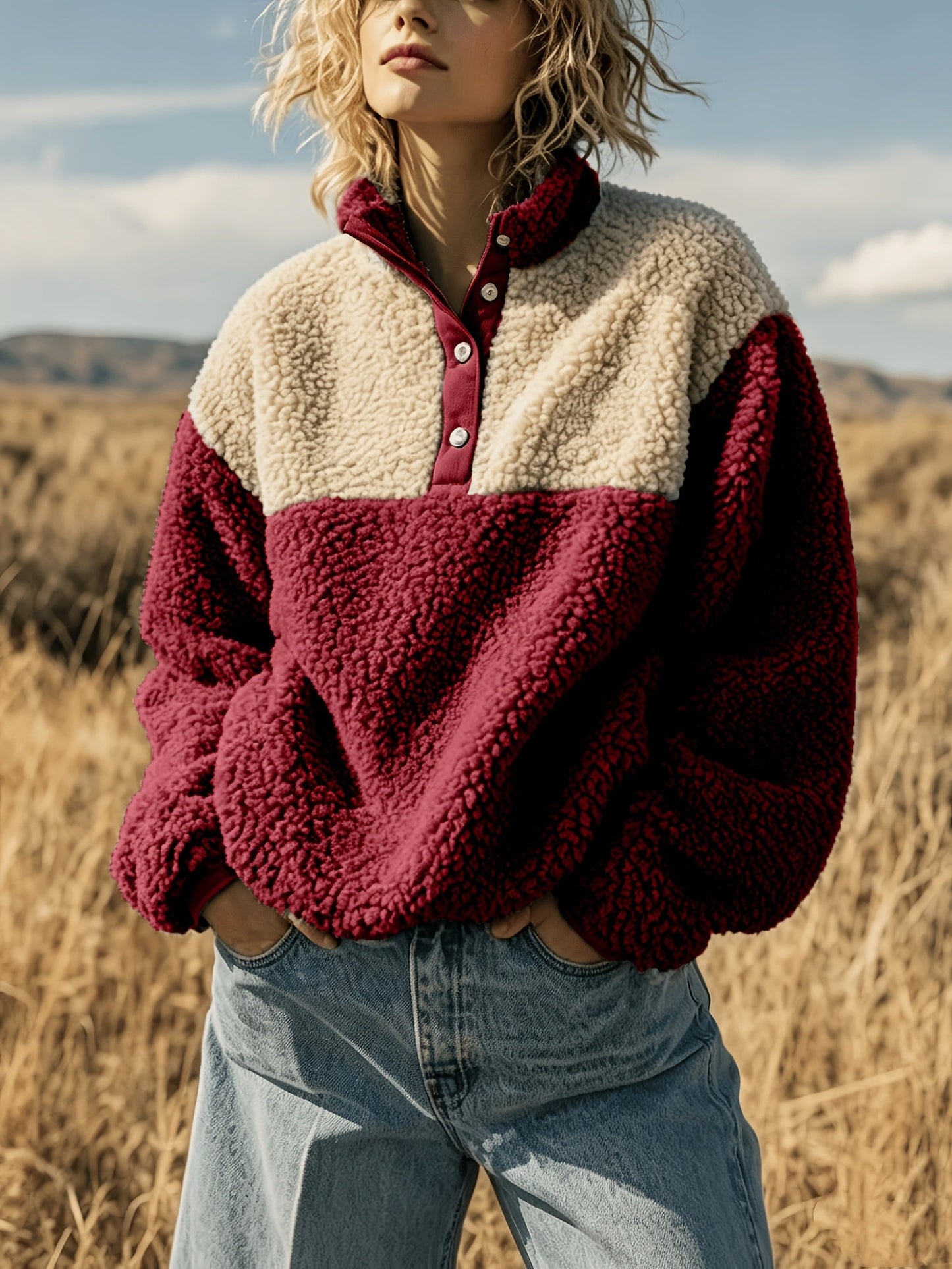 YYTT Automne Hiver Nouvelle Mode Femme Décontractée Color-Block Demi-Boutonnée Peluche Polyvalente Sweat à Manches Courtes pour Trajet/Vacances/Fête/Nouvel An/Noël — 5