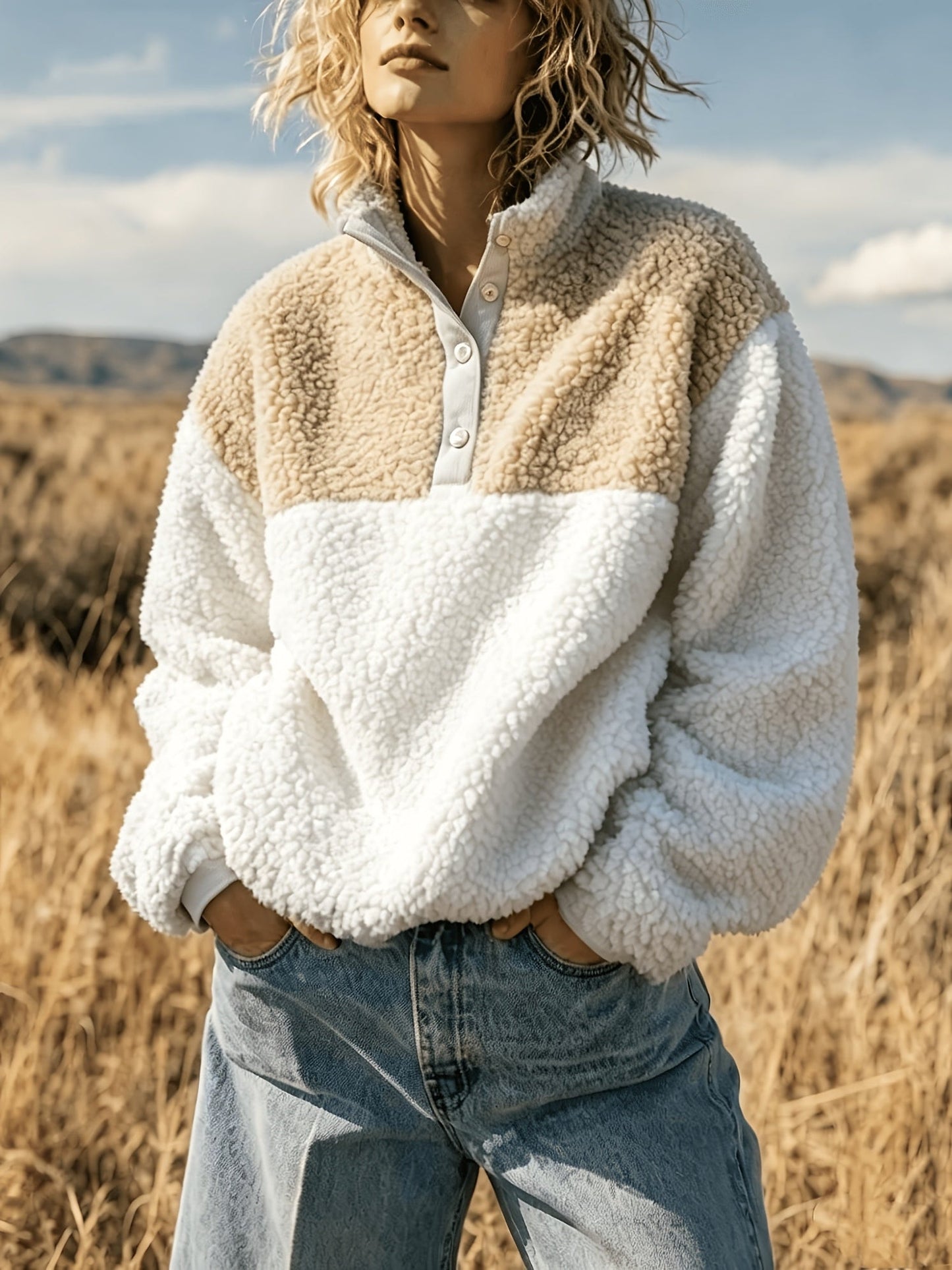 YYTT Automne Hiver Nouvelle Mode Femme Décontractée Color-Block Demi-Boutonnée Peluche Polyvalente Sweat à Manches Courtes pour Trajet/Vacances/Fête/Nouvel An/Noël — 6