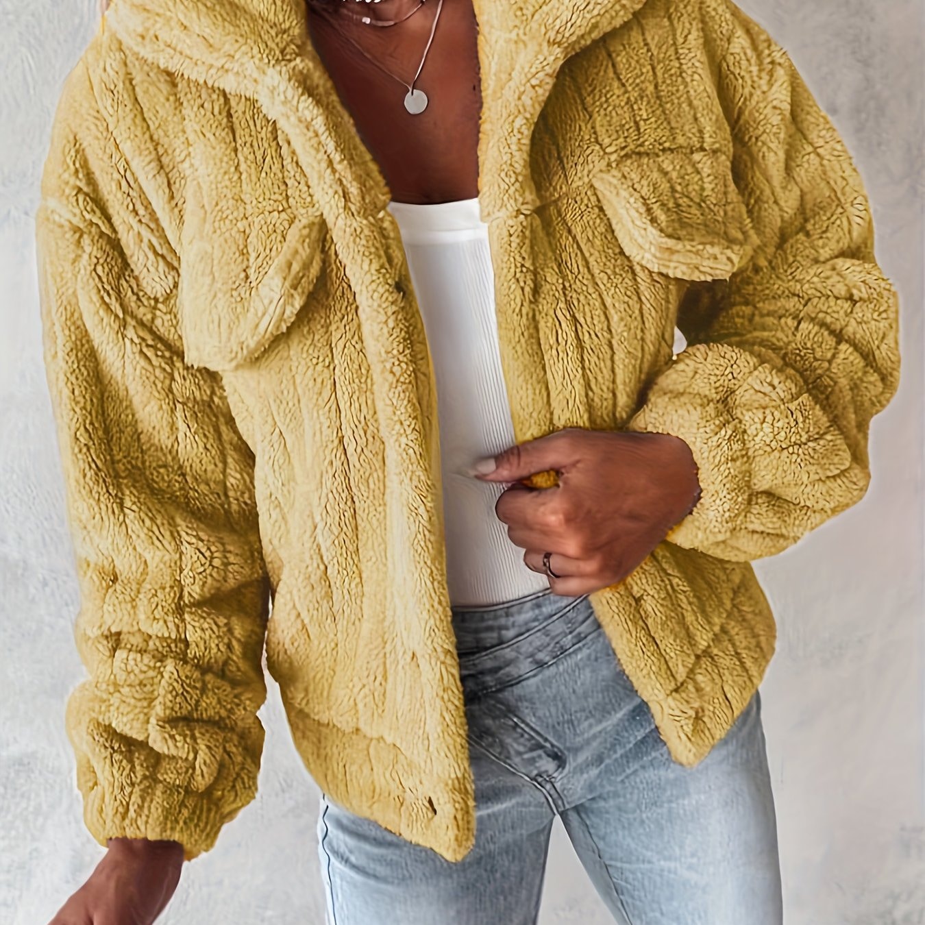 Veste décontractée à col retourné et manches longues en teddy pour femme — 13