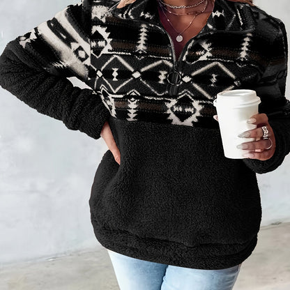 Sweat-shirt Teddy à demi-fermeture éclair à motif géométrique, sweat-shirt décontracté à manches longues pour l'automne et l'hiver, vêtements pour femmes — 12