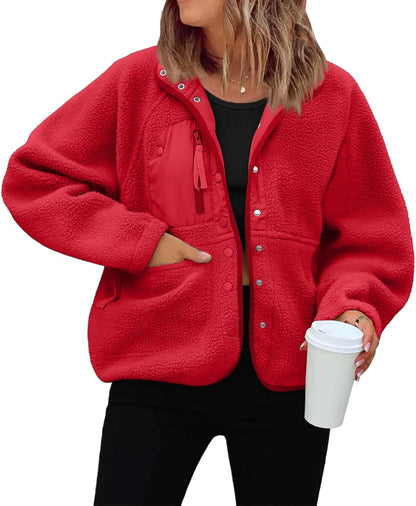 Générique Women's Fleece Jacket Thick Winter Coat Teddy Buttons Chic Warm Sherpa Jacket with Pockets Lapel Collar Long Sleeve Outwear Thick Anti-Cold Cozy — 15