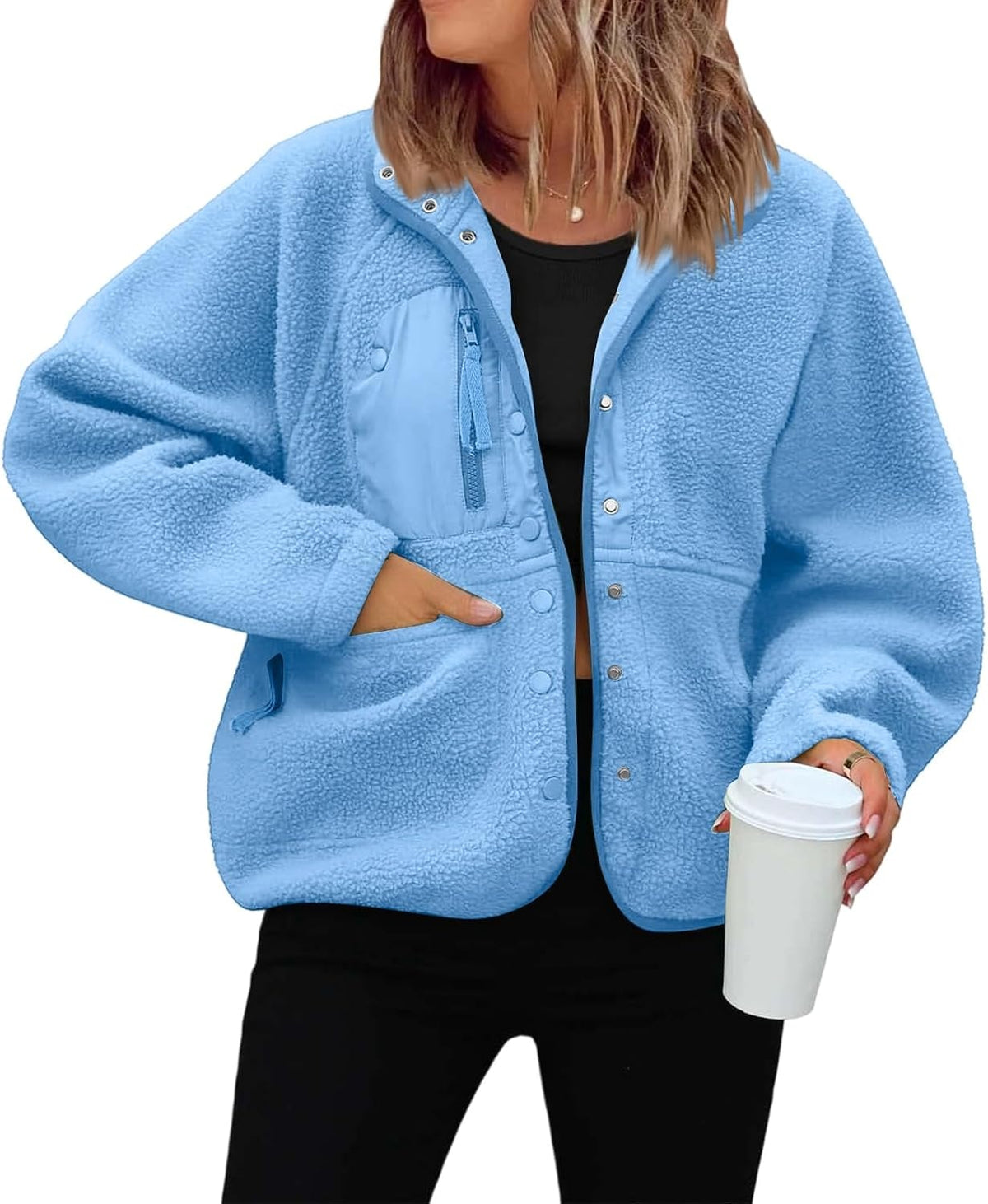 Générique Women's Fleece Jacket Thick Winter Coat Teddy Buttons Chic Warm Sherpa Jacket with Pockets Lapel Collar Long Sleeve Outwear Thick Anti-Cold Cozy — 8