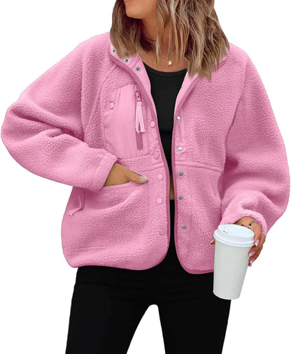 Générique Women's Fleece Jacket Thick Winter Coat Teddy Buttons Chic Warm Sherpa Jacket with Pockets Lapel Collar Long Sleeve Outwear Thick Anti-Cold Cozy — 16